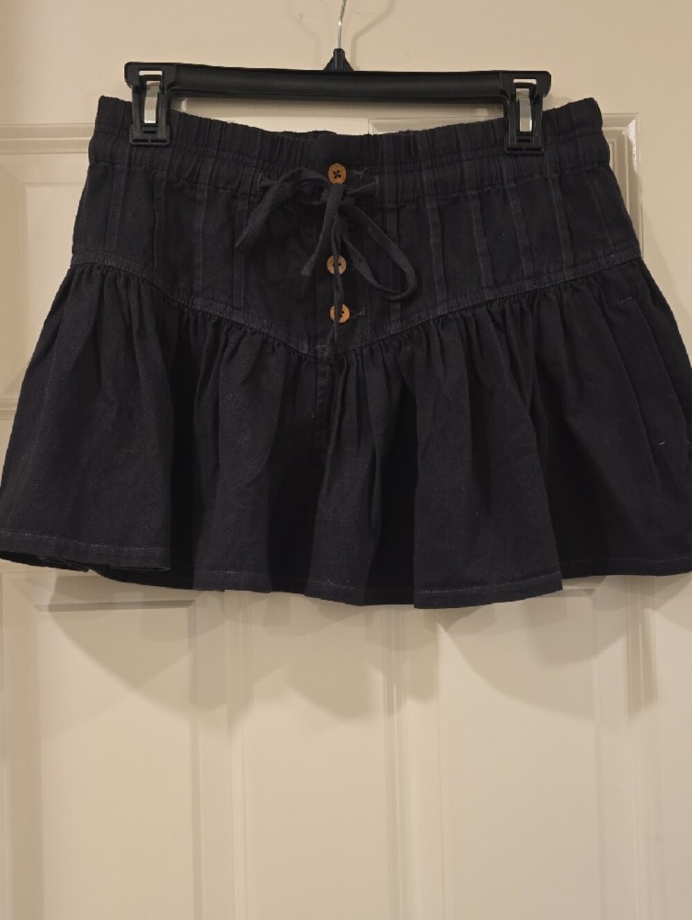 We The Free Black Tiered Skater Mini Skirt with Button and Drawstring
